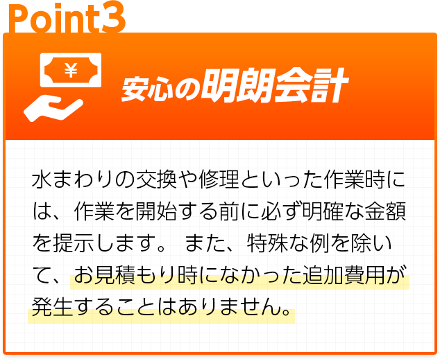 安心の明朗会計：水まわりの交換や修理といった作業時には、作業を開始する前に必ず明確な金額を提示します。また、特殊な例を除いて、お見積もり時になかった追加費用が発生することはありません。