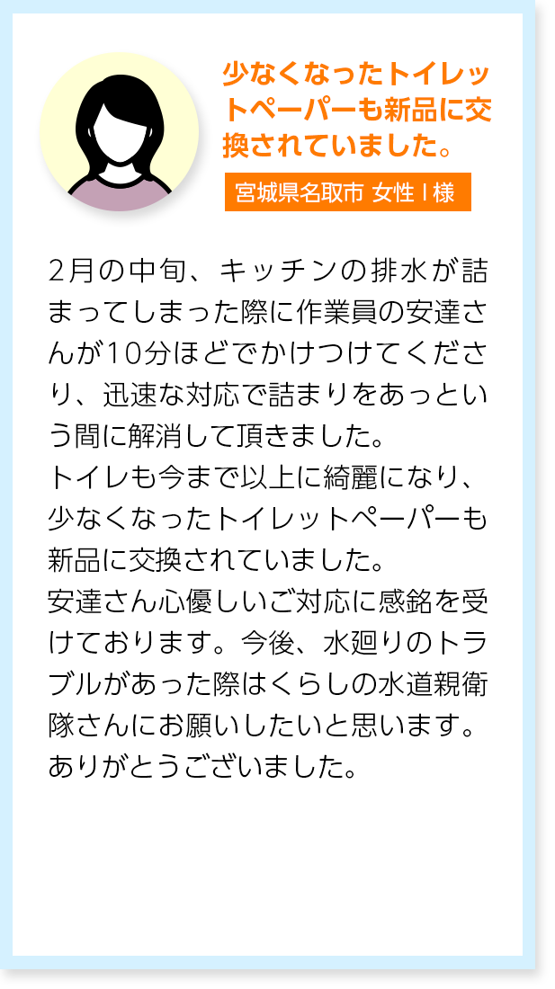 少なくなったトイレットペーパーも新品に交換されていました。宮城県名取市女性I様：2月の中旬、キッチンの排水が詰まってしまった際に作業員の安達さんが10分ほどでかけつけてくださり、迅速な対応で詰まりをあっという間に解消して頂きました。トイレも今まで以上に綺麗になり、少なくなったトイレットペーパーも新品に交換されていました。安達さん心優しいご対応に感銘を受けております。今後、水廻りのトラブルがあった際はくらしの水道親衛隊さんにお願いしたいと思います。ありがとうございました。